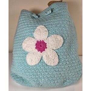 Handmade Crochet Daisy Drawstring Bag Blue White Flower Back Straps Bucket Shape
